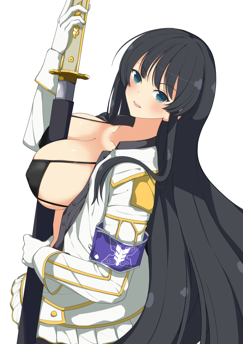 absurdres arm_up armband between_breasts bikini bikini_under_clothes black_bikini black_hair black_pantyhose black_shirt blue_eyes blush breasts buttons collarbone collared_shirt commentary covered_nipples cowboy_shot epaulettes female from_side gloves hand_up highres holding holding_sheath holding_sword holding_weapon ikaruga_(senran_kagura) jacket katana large_breasts long_hair long_sleeves looking_at_viewer looking_to_the_side miniskirt open_clothes open_jacket open_shirt pantyhose pleated_skirt scabbard senran_kagura senri_(senri03151221) sheath shirt simple_background skirt solo standing swimsuit sword sword_between_breasts teeth unsheathing upper_teeth_only v-shaped_eyebrows very_long_hair weapon white_background white_gloves white_jacket white_skirt