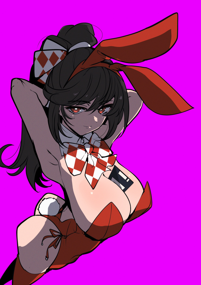 animal_ears armpits arms_behind_head arms_up ass between_breasts black_hair bow bowtie breasts checkered_bow checkered_bowtie checkered_clothes closed_mouth cowboy_shot detached_collar fake_animal_ears female floppy_disk from_above from_side hairbow highres large_breasts leotard long_hair looking_at_viewer pink_background playboy_bunny ponytail rabbit_ears rabbit_tail red_eyes red_leotard red_thighhighs reverse:1999 see-through_clothes see-through_leotard semmelweis_(reverse:1999) simple_background smile solo strapless strapless_leotard tail thighhighs ziyunshanding