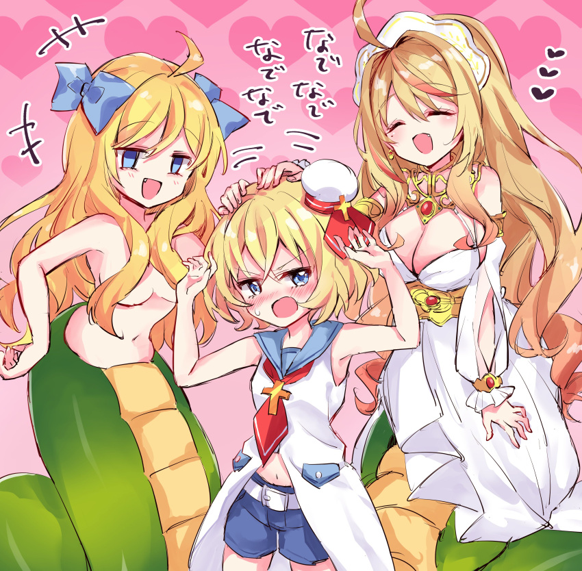 3girls ^_^ absurdres ahoge blonde_hair blue_eyes blush bow breasts closed_eyes hairbow headpat highres jashin-chan jashin-chan's_mother jashin-chan_dropkick lamia large_breasts lierre long_hair mmkaeo monster_girl multiple_girls oerba_yun_fang short_shorts shorts sleeveless