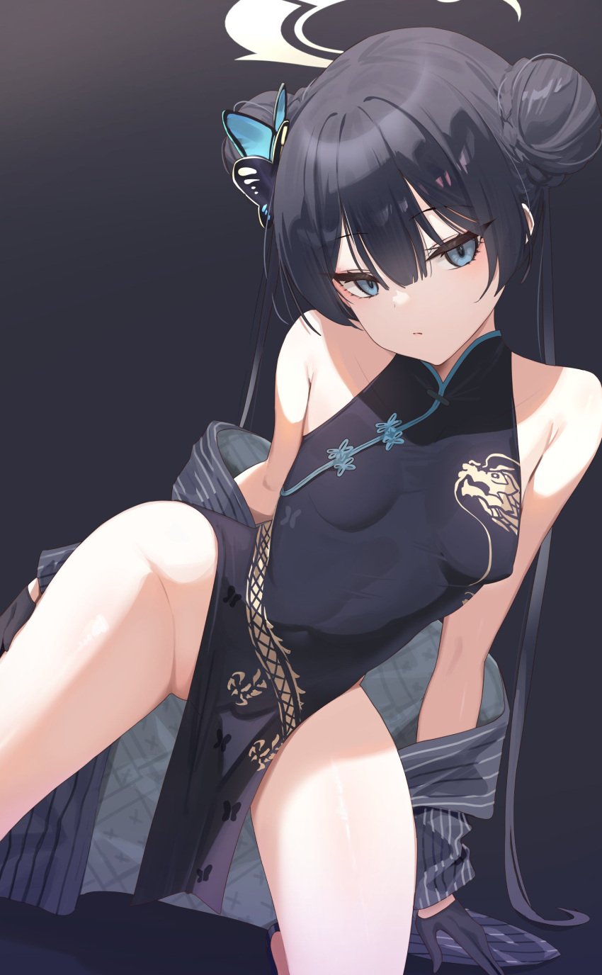 absurdres bare_shoulders black_dress black_gloves black_hair blue_archive braid braided_bun breasts butterfly_hair_ornament china_dress chinese_clothes commentary covered_navel covered_nipples double_bun dragon_print dress female gloves grey_background grey_eyes grey_halo hair_bun hair_ornament halo highres jacket kakumayu kisaki_(blue_archive) kneeling long_hair no_panties open_clothes open_jacket pelvic_curtain pinstripe_jacket pinstripe_pattern print_dress pussy pussy_peek simple_background sleeveless sleeveless_dress small_breasts solo striped_clothes striped_jacket twintails two-sided_fabric vertical-striped_clothes vertical-striped_jacket