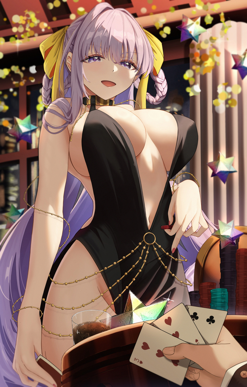 about_fg absurdres bare_shoulders bb_(fate) bb_dubai_(fate) belly_chain black_dress blush bracelet braid braided_hair_rings breasts card center_opening cleavage cup dress fate/grand_order fate_(series) female hair_ribbon hair_rings highres jewelry large_breasts long_hair looking_at_viewer navel necklace open_mouth playing_card poker_chip purple_eyes purple_hair ribbon saint_quartz_(fate) side_slit smile solo_focus thighs twin_braids very_long_hair yellow_ribbon