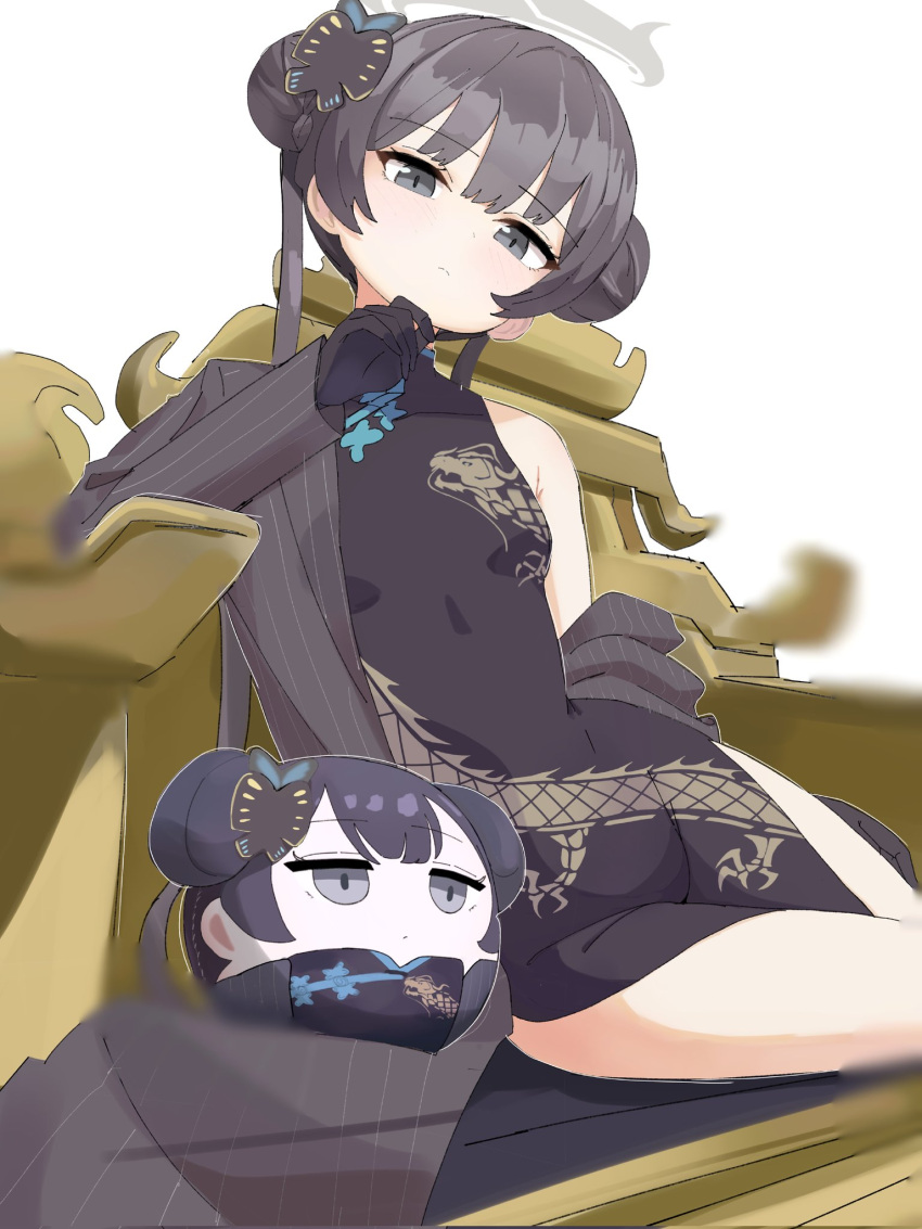 black_coat black_dress black_gloves black_hair blue_archive blush breasts butterfly_hair_ornament chair character_doll china_dress chinese_clothes closed_mouth clothes_down coat commentary corrupted_twitter_file double_bun dress female frown gloves grey_eyes grey_halo hair_bun hair_ornament halo hand_up highres kisaki_(blue_archive) long_hair looking_at_viewer mmmmrotio on_chair print_dress romaji_commentary simple_background single_bare_shoulder sitting sleeveless sleeveless_dress small_breasts solo souvenir_doll_(blue_archive) striped_clothes striped_coat throne twintails vertical-striped_clothes vertical-striped_coat white_background