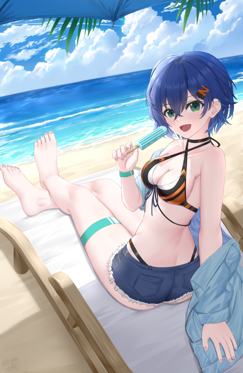 absurdres ass barefoot beach belle_(zenless_zone_zero) bench bikini black_bikini black_shorts blue_hair blue_jacket blush breasts female food green_eyes hair_between_eyes hair_ornament highres holding holding_food holding_popsicle jacket looking_at_viewer medium_breasts ocean open_mouth popsicle short_hair shorts skym_(kumei) smile striped_bikini striped_clothes swimsuit zenless_zone_zero