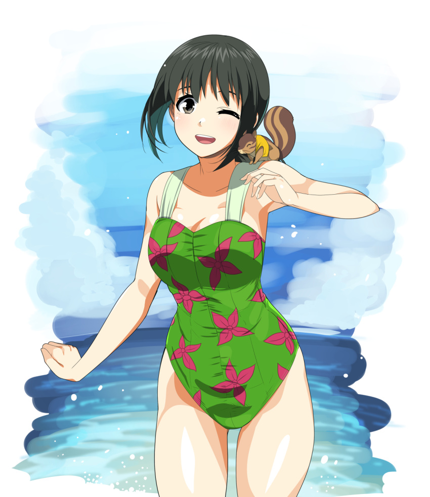 1other ;d aasara black_eyes black_hair breasts closed_mouth commentary_request cowboy_shot female floral_print highres iwaizumi_kazane light_blush long_hair low_ponytail medium_breasts ocean ojyousama_express one-piece_swimsuit one_eye_closed pino_(squirrel) smile squirrel swimsuit watercolor_effect white_background