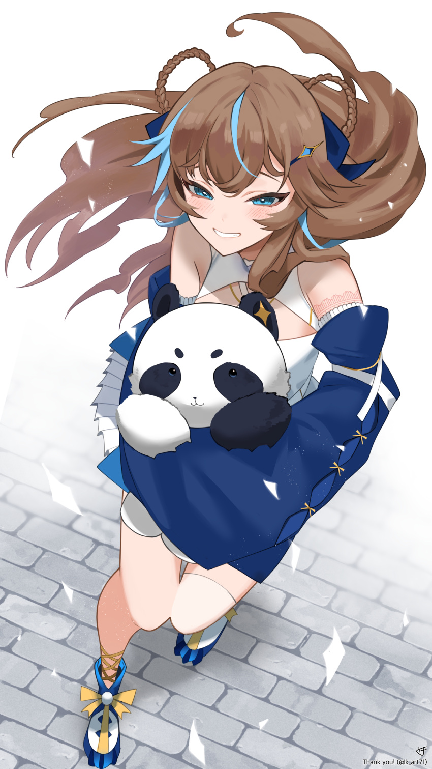 absurdres animal blue_eyes blue_hair blue_ribbon blue_sleeves braid brown_hair chillypanda_(vtuber) cleavage_cutout clothing_cutout commission detached_sleeves dress female hair_ribbon highres holding holding_animal indie_virtual_youtuber k_(art71) long_hair multicolored_footwear multicolored_hair panda pom_pom_(clothes) ribbon skeb_commission sleeves_past_fingers sleeves_past_wrists smile solo streaked_hair twitter_username virtual_youtuber white_dress