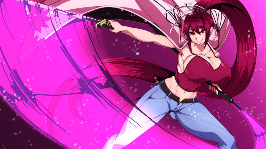 blush breasts byakkun_(byakkun8181) cleavage crop_top female hair_intakes hair_ribbon large_breasts long_hair looking_at_viewer midriff motion_lines navel pants ponytail purple_hair red_eyes ribbon smile solo speed_lines sword under_night_in-birth very_long_hair weapon yuzuriha_(under_night_in-birth)