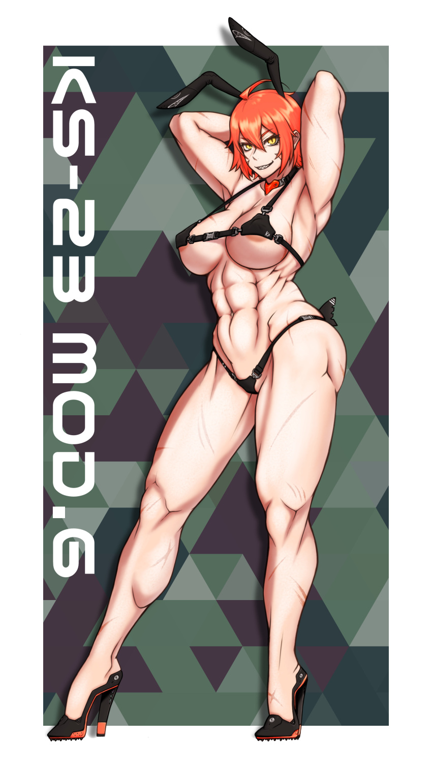 abs absurdres ahoge animal_ears armpits arms_behind_head arms_up bicep_strap bikini black_bikini breasts cleavage covered_nipples facial_mark fake_animal_ears female girls'_frontline hair_between_eyes high_heels highres ks-23_(girls'_frontline) large_breasts long_hair looking_at_viewer micro_bikini muscular muscular_female navel orange_hair playboy_bunny presenting_armpit rabbit_ears rabbit_tail red_hair rob_110101101 sharp_teeth sideboob smile solo swimsuit tail teeth underboob yellow_eyes