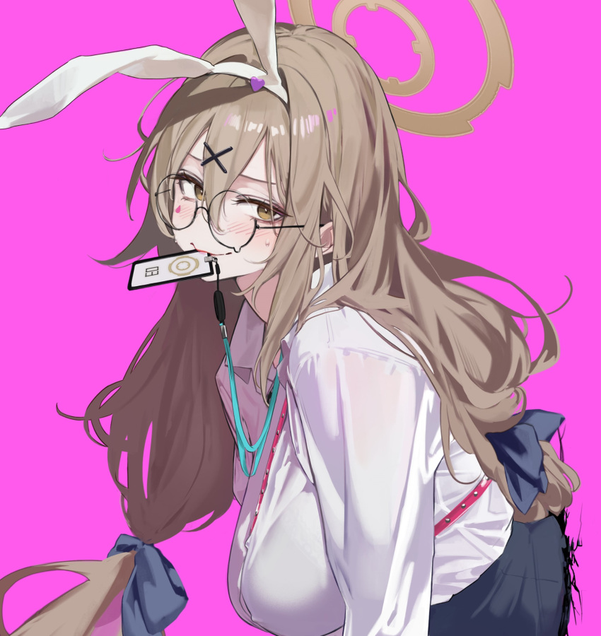 akane_(blue_archive) animal_ears black-framed_eyewear blue_archive blush bow bowtie breasts brown_eyes brown_halo collared_shirt fake_animal_ears female gjz1227 glasses hair_between_eyes hair_ornament hair_over_shoulder hairbow halo heart highres id_card lanyard large_breasts light_brown_hair long_hair long_sleeves looking_at_viewer looking_to_the_side mouth_hold naughty_face office_lady pink_background rabbit_ears rabbit_hole_(vocaloid) red_bow red_bowtie round_eyewear shirt shirt_tucked_in simple_background skirt smile solo sweat teardrop-framed_glasses teardrop_facial_mark through_wall white_shirt x_hair_ornament