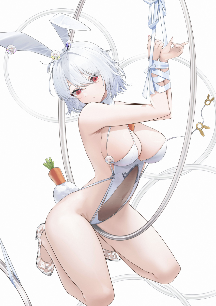 absurdres aerial_hoop azur_lane bound bound_wrists breasts carrot fake_tail female full_body glass_footwear glass_slipper highres kneeling large_breasts leotard lilin_(pixiv_25958194) o-ring_leotard official_alternate_costume playboy_bunny red_eyes restrained see-through_clothes see-through_footwear short_hair sirius_(azur_lane) sirius_(rabbit_of_paradise)_(azur_lane) solo tail white_background white_hair white_leotard