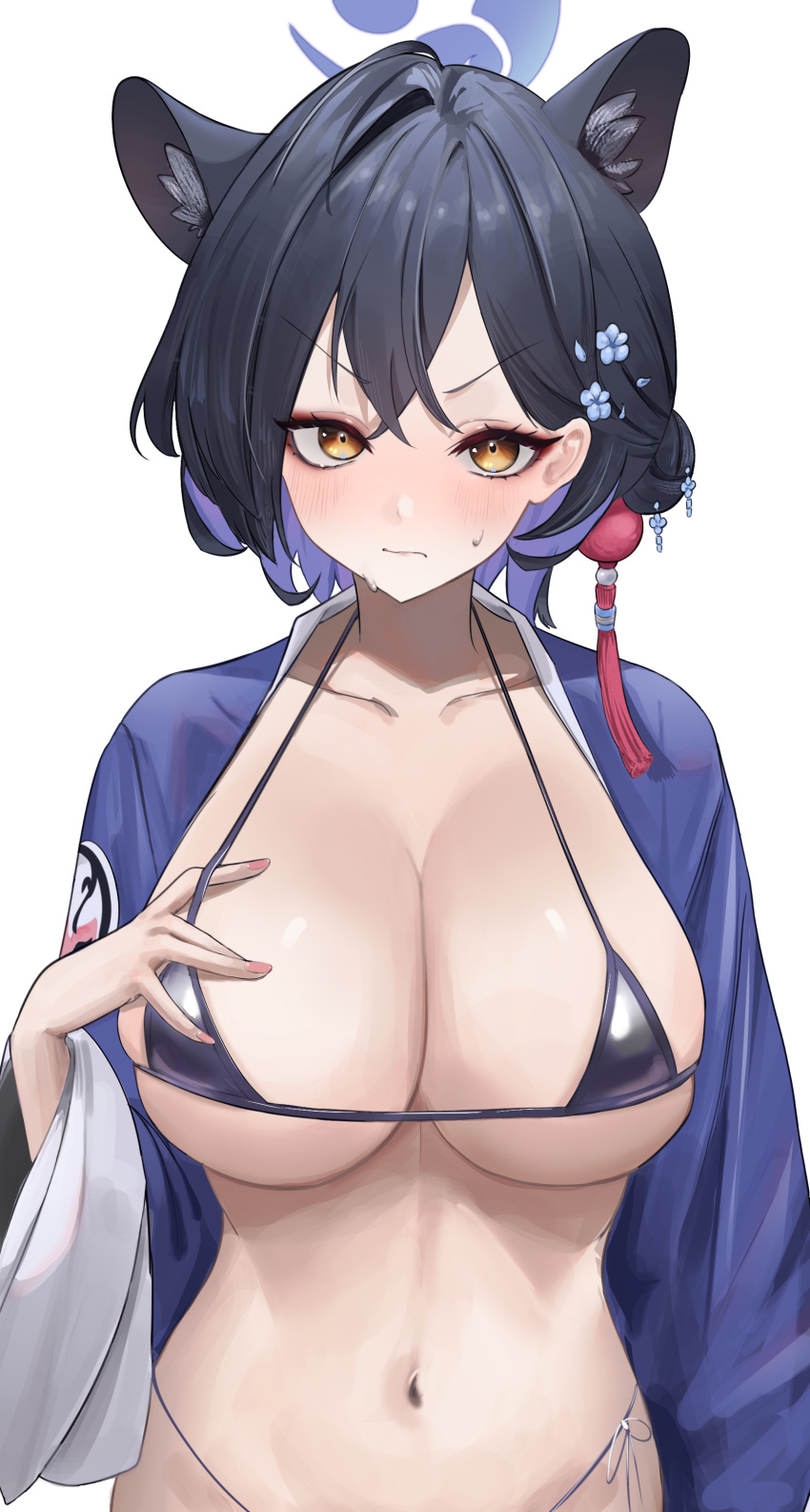 absurdres alternate_costume bikini black_bikini black_hair blue_archive blue_hair blue_halo blue_haori blush breasts cleavage closed_mouth collarbone commentary_request extra_ears female hair_ornament halo haori highres japanese_clothes jesh_art kaguya_(blue_archive) large_breasts looking_at_viewer micro_bikini navel open_clothes short_hair simple_background solo stomach swimsuit v-shaped_eyebrows white_background yellow_eyes