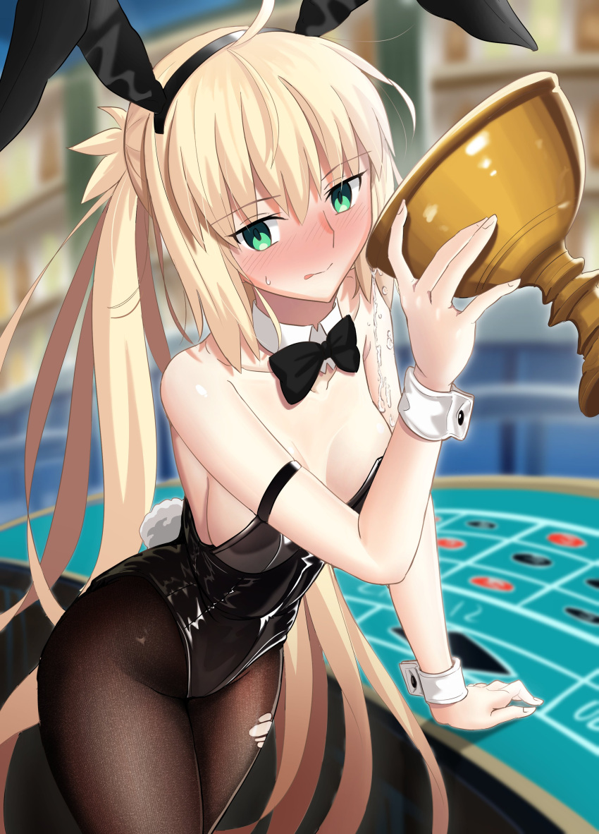 :p absurdres alcohol alternate_costume animal_ears artoria_caster_(fate) artoria_caster_(swimsuit)_(fate) artoria_pendragon_(fate) bare_shoulders black_leotard black_pantyhose blonde_hair blurry blurry_background blush bow bowtie breasts cleavage depth_of_field detached_collar drunk english_commentary fake_animal_ears fake_tail fate/grand_order fate_(series) female green_eyes highres holy_grail_(fate) leotard long_hair longdq3008 looking_at_viewer pantyhose playboy_bunny rabbit_ears roulette_table small_breasts solo spilling strapless strapless_leotard table tail tongue tongue_out torn_clothes torn_pantyhose twintails