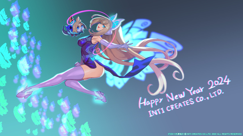 2024 antenna_hair azure_striker_gunvolt azure_striker_gunvolt_3 bare_shoulders blonde_hair blue_background blue_dress breasts butterfly_hair_ornament butterfly_wings canine dress energy_wings female full_body gloves gunvolt hair_ornament happy_new_year high_heels highres insect_wings long_hair looking_at_viewer lumen_(gunvolt) medium_breasts multicolored_hair official_art pink_hair skindentation thighhighs two-tone_hair white_footwear white_gloves white_thighhighs wings