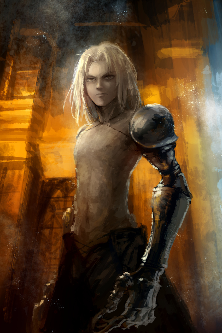 1boy blonde_hair claws gauntlets highres indoors male_focus solo sydney_losstarot topless_male upper_body vagrant_story xi yellow_eyes