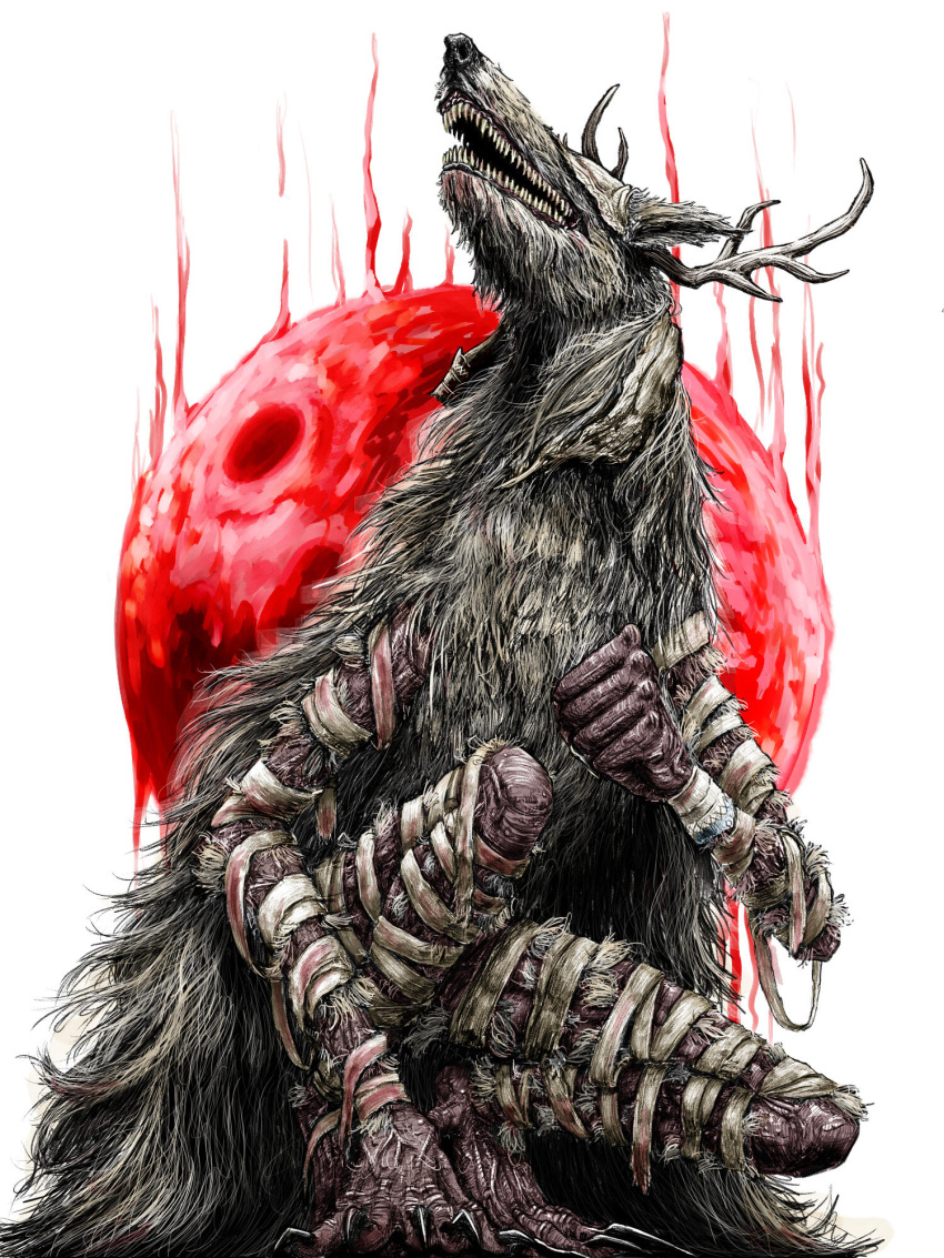 animal_ears animal_hands animal_nose antlers bandage_on_knee bandaged_arm bandaged_leg bandages bandages_over_eyes black_claws blood blood_on_bandages bloodborne claws female full_moon furry furry_female goobber grey_fur highres horns long_hair looking_to_the_side looking_up monster monster_girl moon open_mouth red_moon sharp_teeth simple_background skinny slim_legs snout solo squatting teeth veil_over_eyes vicar_amelia werewolf white_background white_fur