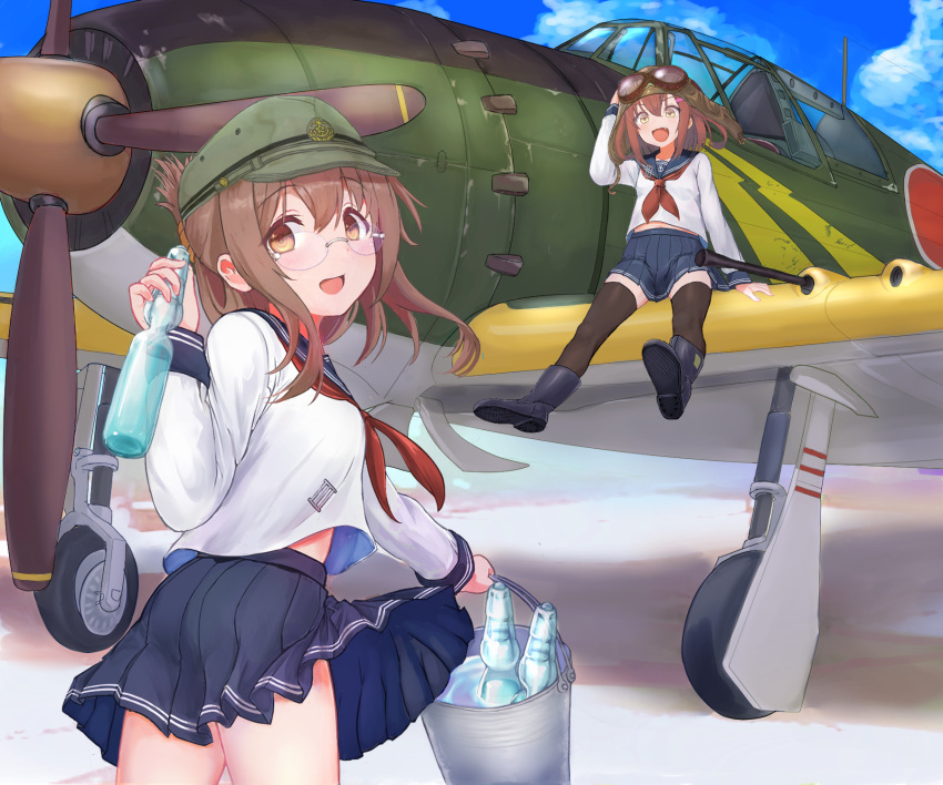 2girls :d aircraft airplane anchor_symbol aviator_cap bespectacled black_thighhighs boots bottle brown_eyes brown_hair bucket em_s folded_ponytail glasses goggles goggles_on_headwear green_hat grey_footwear hair_between_eyes hair_ornament hairclip hat highres holding holding_bottle holding_bucket ikazuchi_(kancolle) inazuma_(kancolle) j2m_raiden kantai_collection long_hair long_sleeves looking_at_viewer military_hat multiple_girls name_connection neckerchief pleated_skirt ramune red_neckerchief rimless_eyewear rubber_boots school_uniform serafuku short_hair skirt smile thighhighs