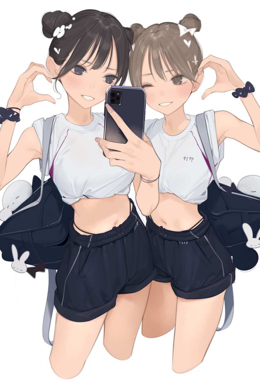 2girls ama_mitsuki bag bag_charm black_eyes black_hair blue_bag blue_shorts brown_eyes brown_hair cellphone charm_(object) commentary_request double_bun hair_bun half-heart_hands highleg highleg_panties highres holding holding_phone midriff multiple_girls navel one_eye_closed original panties phone school_bag selfie shirt short_sleeves shorts shoulder_bag simple_background smartphone tied_shirt underwear white_background white_shirt