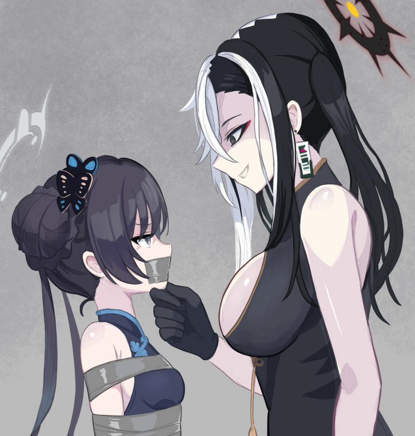 2girls black_eyes black_hair black_halo blue_archive bound breasts butterfly_hair_ornament china_dress chinese_clothes commentary_request dress earrings gag grabbing_another's_chin grey_background grey_eyes grey_halo hair_bun hair_ornament halo hand_on_another's_chin highres improvised_gag jewelry kai_(blue_archive) kisaki_(blue_archive) large_breasts long_hair multicolored_hair multiple_girls profile raftetram restrained shaded_face small_breasts tape tape_bondage tape_gag twintails two-tone_hair white_hair