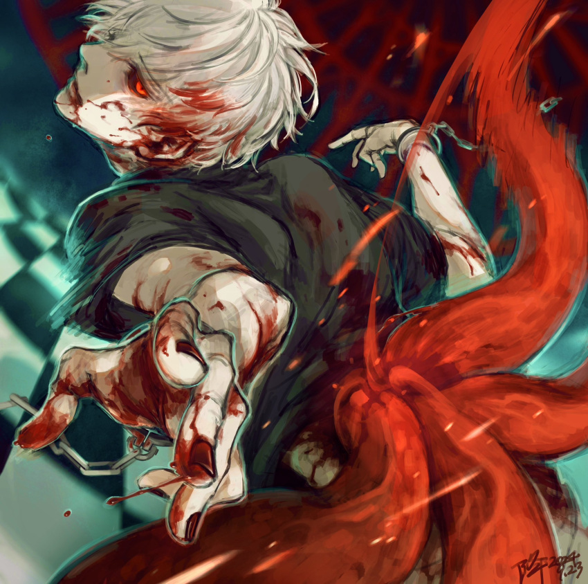 1boy black_sclera black_shirt blood blood_in_hair blood_on_face blood_on_hands blurry blurry_background chains checkered_floor colored_sclera highres kagune_(tokyo_ghoul) kaneki_ken koujima_shikasa male_focus red_eyes shirt short_hair short_sleeves solo tokyo_ghoul upper_body