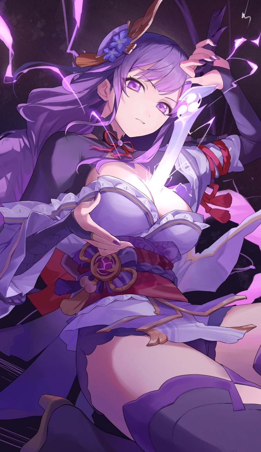 absurdres breasts bridal_gauntlets cleavage commentary electricity female foot_out_of_frame genshin_impact highres holding holding_sword holding_weapon human_scabbard japanese_clothes kimono long_hair looking_at_viewer obi obijime parted_lips purple_eyes purple_hair purple_kimono purple_nails purple_thighhighs raiden_shogun sash shrug_(clothing) solo sword tassel thighhighs uohara_shinji weapon