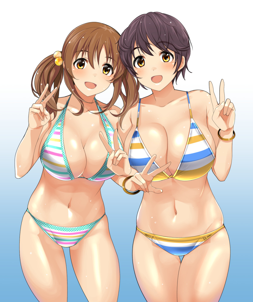 2girls aasara bangle bikini blush bracelet breasts brown_eyes brown_hair cleavage collarbone commentary_request cowboy_shot double_v gradient_background hair_bobbles hair_ornament highres idolmaster idolmaster_cinderella_girls jewelry large_breasts long_hair looking_at_viewer multiple_girls navel oikawa_shizuku open_mouth short_hair smile striped_bikini striped_clothes swimsuit totoki_airi twintails v