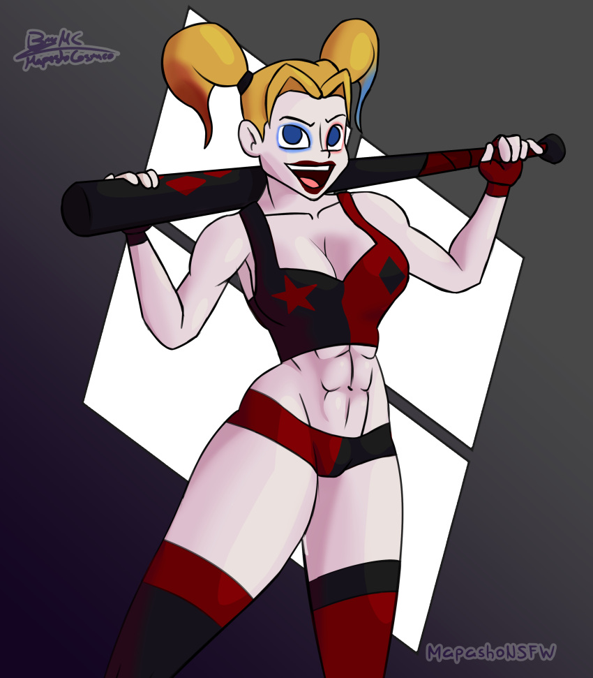 1girls abs baseball_bat belly big_breasts blonde_hair blue_eyes breasts cleavage clothing clown dc dc_comics female female_only footwear fully_clothed gloves handwear harley_quinn harley_quinn_(series) legs makeup mapashonsfw pale_skin panties smile solo thick_thighs thighhighs thighs