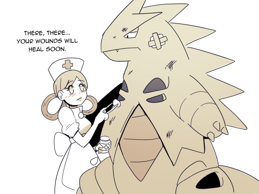 1boy 1girls dialogue monster nintendo nurse nurse_cap nurse_joy nurse_uniform pokémon_(species) pokemon text tyranitar wolfgang_bang year_request