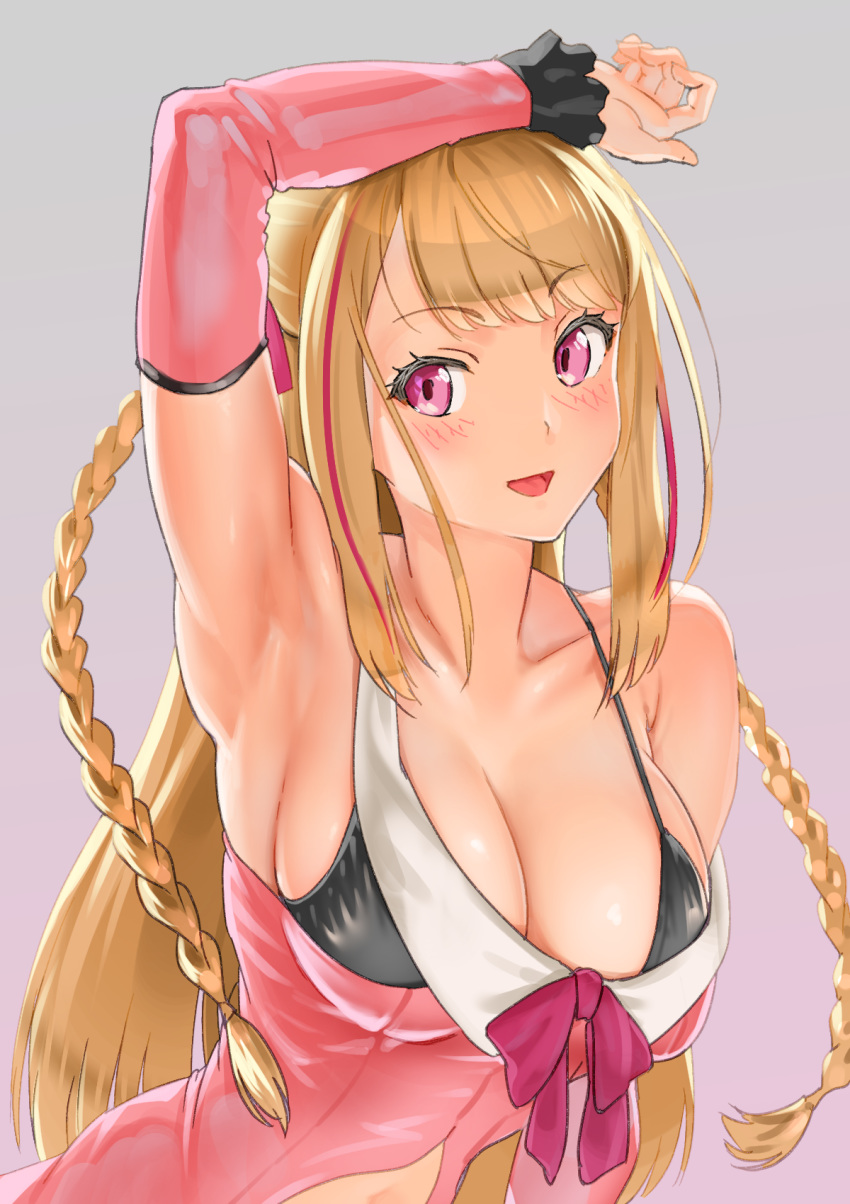 :d arm_up armpits bare_shoulders bikini bikini_top_only black_bikini blonde_hair blunt_bangs blush braid breasts cleavage clothing_cutout coconoe_conono collarbone detached_sleeves dokiyuri dress female grey_hair highres large_breasts long_sleeves mochipro multicolored_hair navel_cutout open_mouth pink_dress pink_eyes pink_hair purple_ribbon ribbon simple_background smile solo straight_hair strap_slip streaked_hair swimsuit twin_braids upper_body virtual_youtuber