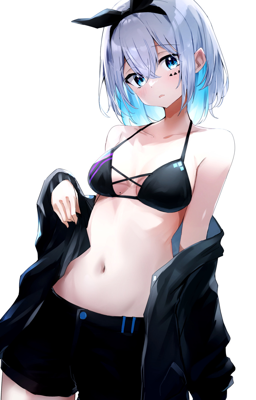 absurdres bad_id bad_twitter_id bare_shoulders bikini bikini_top_only black_bikini black_jacket black_shorts blue_eyes blue_hair blush bow_hairband breasts colored_inner_hair female grey_hair hair_between_eyes hairband highres jacket looking_at_viewer medium_hair mole mole_on_breast multicolored_hair nanashinayuzu_mochi navel off_shoulder original parted_lips shorts simple_background solo stomach swimsuit white_background