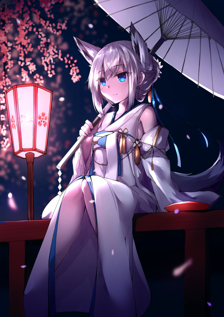 absurdres animal_ears aqua_eyes azur_lane blue_eyes blush breasts cherry_blossoms commentary_request detached_sleeves female flower fox_girl geta grey_hair hair_between_eyes hair_flower hair_ornament highres holding holding_umbrella japanese_clothes kawakaze_(azur_lane) kawakaze_(unsullied_white_fox)_(azur_lane) kimono lamp long_hair long_sleeves night obi outdoors ryou_(ryo_217cafe) sash sitting small_breasts smile solo tassel uchikake umbrella wide_sleeves