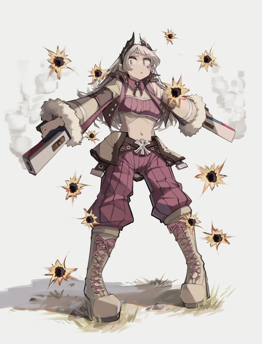 absurdres arknights bandeau black_horns boots breasts brown_bandeau brown_footwear brown_shirt commentary commission cross-laced_footwear crossover dual_wielding female full_body fur-trimmed_sleeves fur_trim grass grey_eyes grey_hair gun gunslinger_(ragnarok_online) highres holding horns irene_(arknights) legs_apart long_hair long_sleeves looking_at_viewer medium_bangs medium_breasts midriff navel open_mouth ragnarok_online scar scar_across_eye shirt smoke smoking_barrel solo standing togekk0 weapon white_background