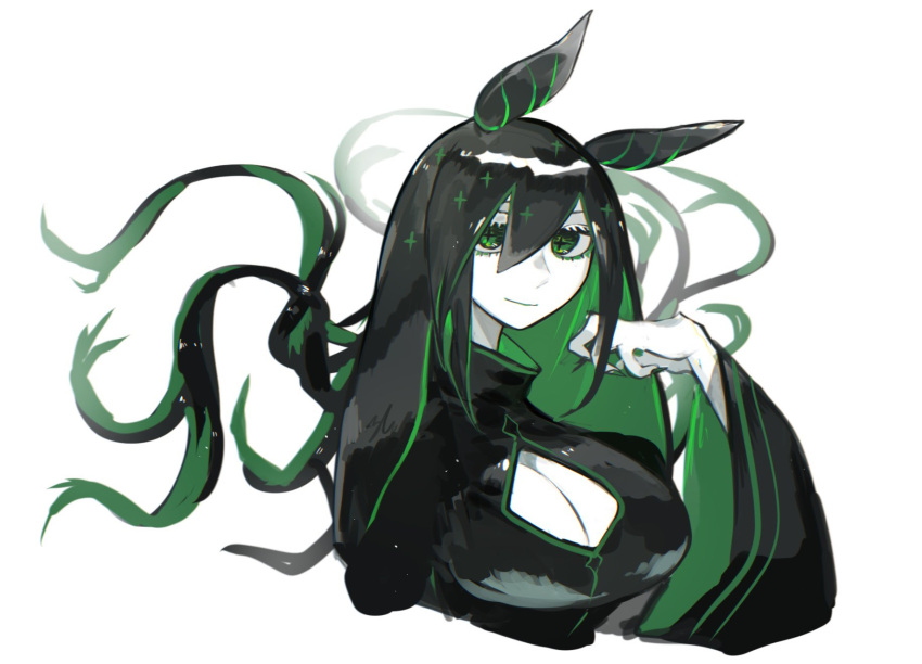 black_hair breasts cleavage_cutout closed_mouth clothing_cutout colored_inner_hair colored_skin cross-shaped_pupils female fingernails floating_hair green_eyes green_hair green_nails hair_between_eyes highres large_breasts looking_at_viewer monster_girl multicolored_hair nail_polish original ruteko_(ruko220) sea_slug_girl simple_background smile solo symbol-shaped_pupils two-tone_hair white_background white_skin