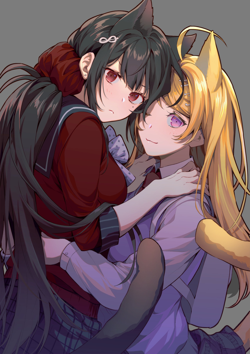 2girls :3 absurdres akamatsu_kaede animal_ears backpack bad_id bad_twitter_id bag black_hair black_sailor_collar blonde_hair breasts cat_ears cat_tail closed_mouth commentary danganronpa_(series) danganronpa_v3:_killing_harmony frown grey_background grey_shirt hair_ornament hair_scrunchie hairclip harukawa_maki highres hug kemonomimi_mode long_hair long_sleeves looking_at_viewer low_twintails medium_breasts multiple_girls musical_note musical_note_hair_ornament nanin necktie pink_vest plaid plaid_skirt purple_eyes randoseru red_eyes red_scrunchie red_shirt sailor_collar school_uniform scrunchie serafuku shirt simple_background skirt smile symbol-only_commentary tail twintails vest