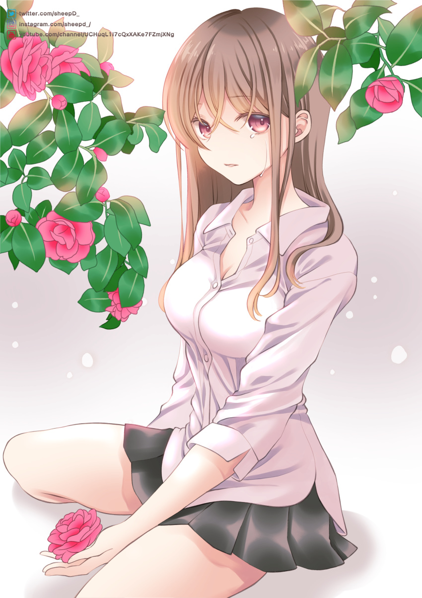 absurdres bad_id bad_pixiv_id black_skirt breasts brown_eyes brown_hair cleavage collarbone collared_shirt commentary crying crying_with_eyes_open dress_shirt female flower hair_between_eyes highres holding holding_flower long_hair long_sleeves looking_at_viewer medium_breasts original parted_lips pleated_skirt red_flower sheepd shirt sitting skirt solo spread_legs tears watermark web_address white_shirt