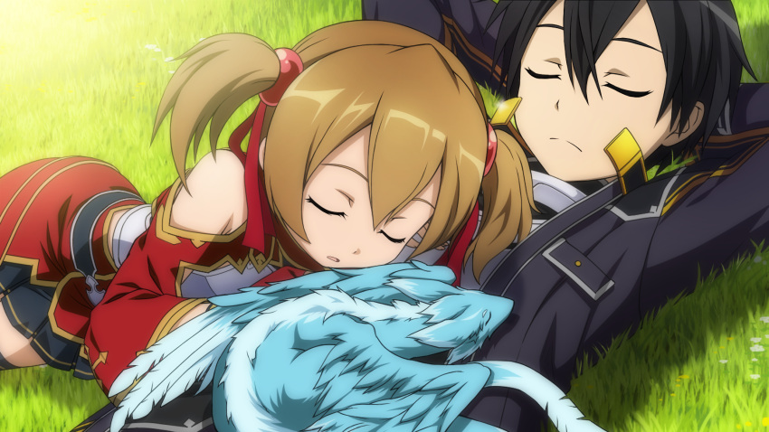 1boy arms_behind_head black_hair black_skirt closed_eyes dragon female game_cg hair_ornament highres kirito non-web_source official_art outdoors pina_(sao) pleated_skirt short_twintails silica skirt sleeping sleeping_on_person sword_art_online sword_art_online:_hollow_fragment twintails