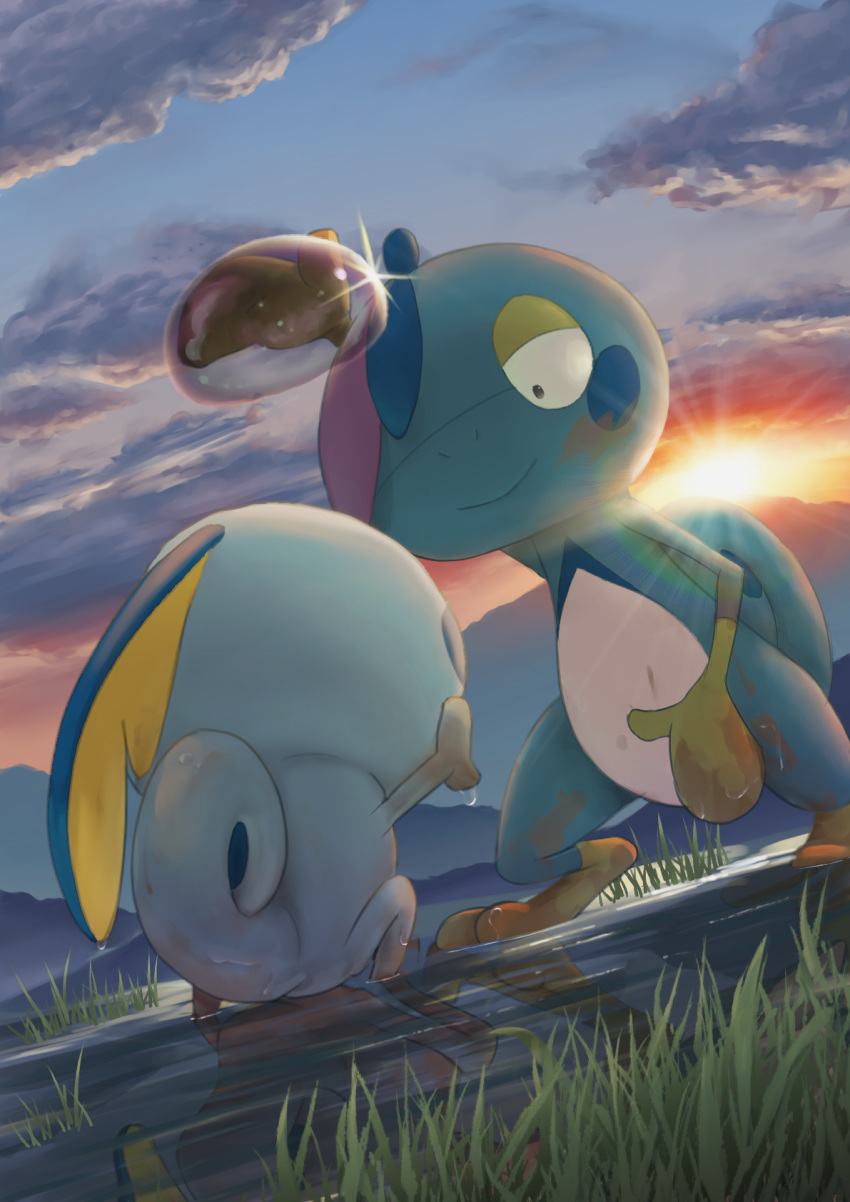 closed_mouth cloud commentary_request dirty drizzile evolutionary_line grass half-closed_eyes highres looking_at_another no_humans outdoors pokemon pokemon_(creature) purobe sky smile sobble standing toes twilight wet