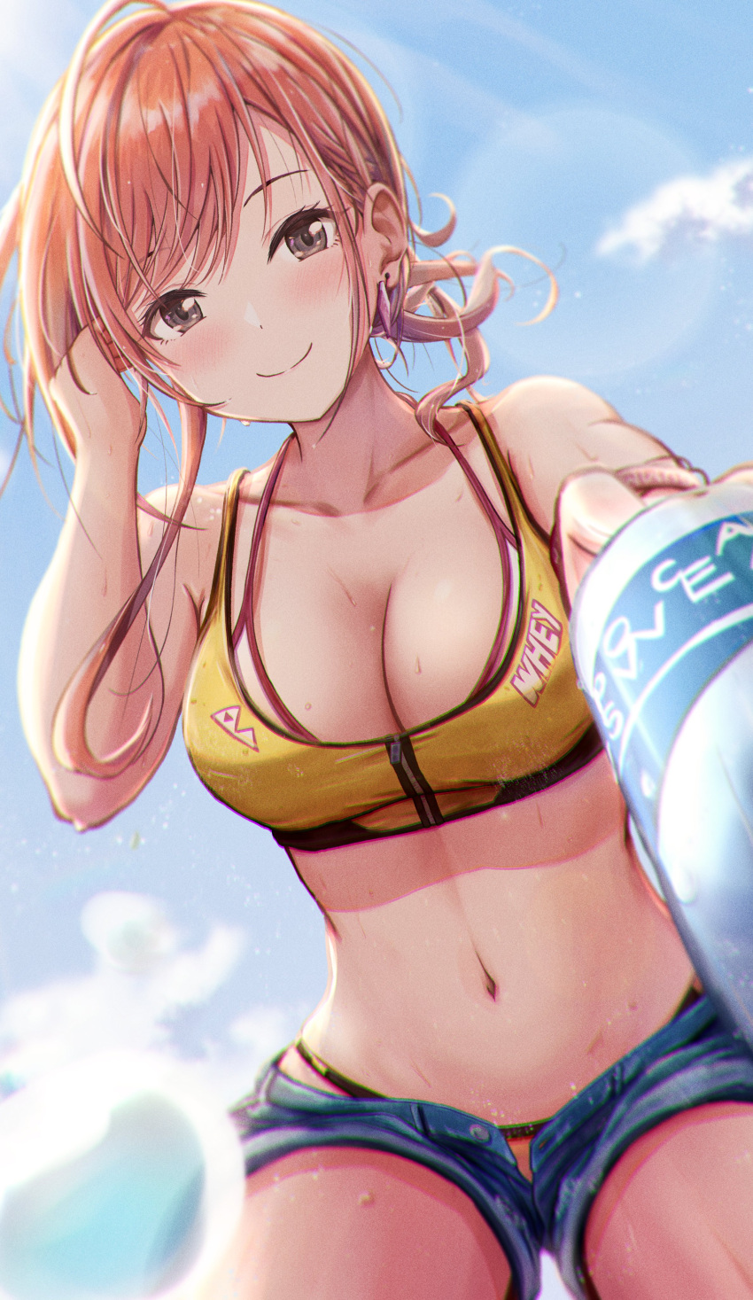 absurdres ahoge arisugawa_natsuha bikini bikini_under_clothes black_eyes blue_sky blush bottle breasts cleavage cloud crop_top earrings eyebrows_hidden_by_hair female hair_bun hand_in_own_hair highres holding holding_bottle idolmaster idolmaster_shiny_colors jewelry large_breasts long_hair looking_at_viewer masuku_(saint_mask) midriff navel orange_hair outdoors short_shorts shorts sky smile solo sunlight sweat swimsuit yellow_bikini