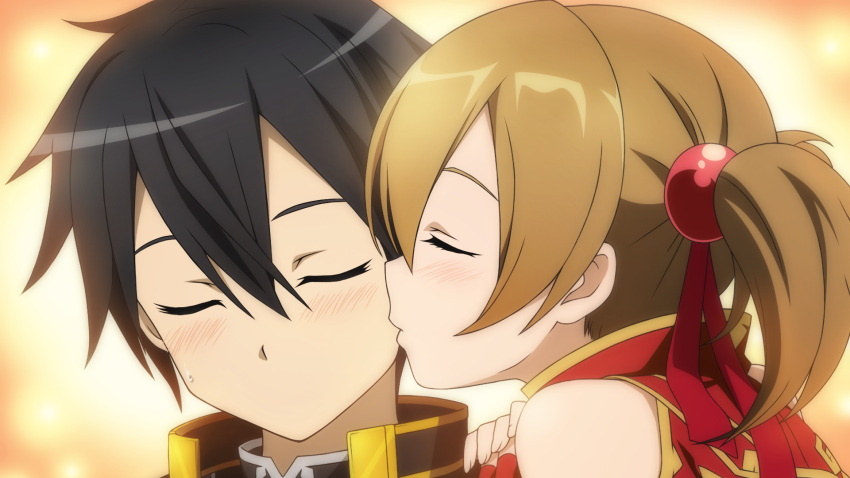 1boy black_hair brown_hair closed_eyes female game_cg hair_ornament highres kirito kissing kissing_cheek non-web_source official_art short_twintails silica straight sword_art_online sword_art_online:_hollow_fragment twintails