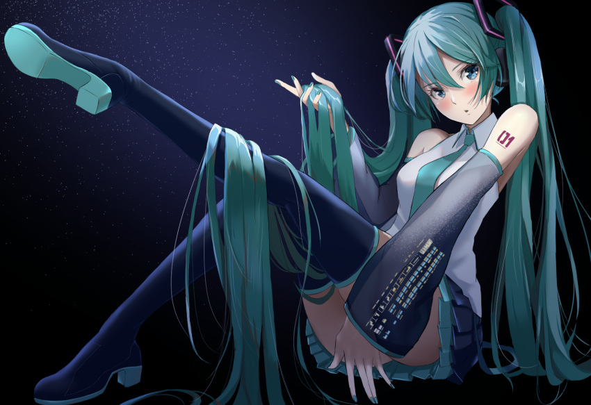 absurdly_long_hair aqua_eyes aqua_hair aqua_nails aqua_necktie bare_shoulders black_background black_skirt black_sleeves black_thighhighs blush boots commentary detached_sleeves female grey_shirt hair_ornament hatsune_miku headphones high_heels highres holding holding_own_hair leg_up light_particles long_hair looking_at_viewer marumai miniskirt nail_polish necktie parted_lips pleated_skirt shirt shoulder_tattoo sitting skirt sleeveless sleeveless_shirt solo spotlight tattoo thigh_boots thighhighs twintails very_long_hair vocaloid zettai_ryouiki