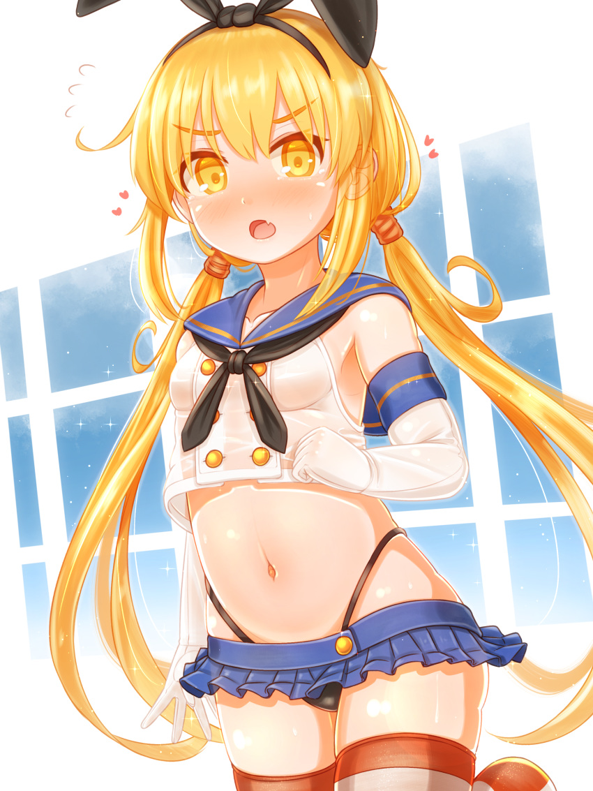 absurdres black_neckerchief black_panties blonde_hair blue_sailor_collar blue_skirt blush collarbone commentary_request cosplay cowboy_shot crop_top elbow_gloves female flying_sweatdrops gloves hair_between_eyes heart highleg highleg_panties highres kantai_collection long_hair low_twintails microskirt navel neckerchief oerba_yun_fang open_mouth panties pleated_skirt sailor_collar satsuki_(kancolle) school_uniform serafuku shimakaze_(kancolle) shimakaze_(kancolle)_(cosplay) skirt sleeveless solo striped_clothes striped_thighhighs suzushiro_(gripen39) thighhighs twintails underwear white_gloves yellow_eyes