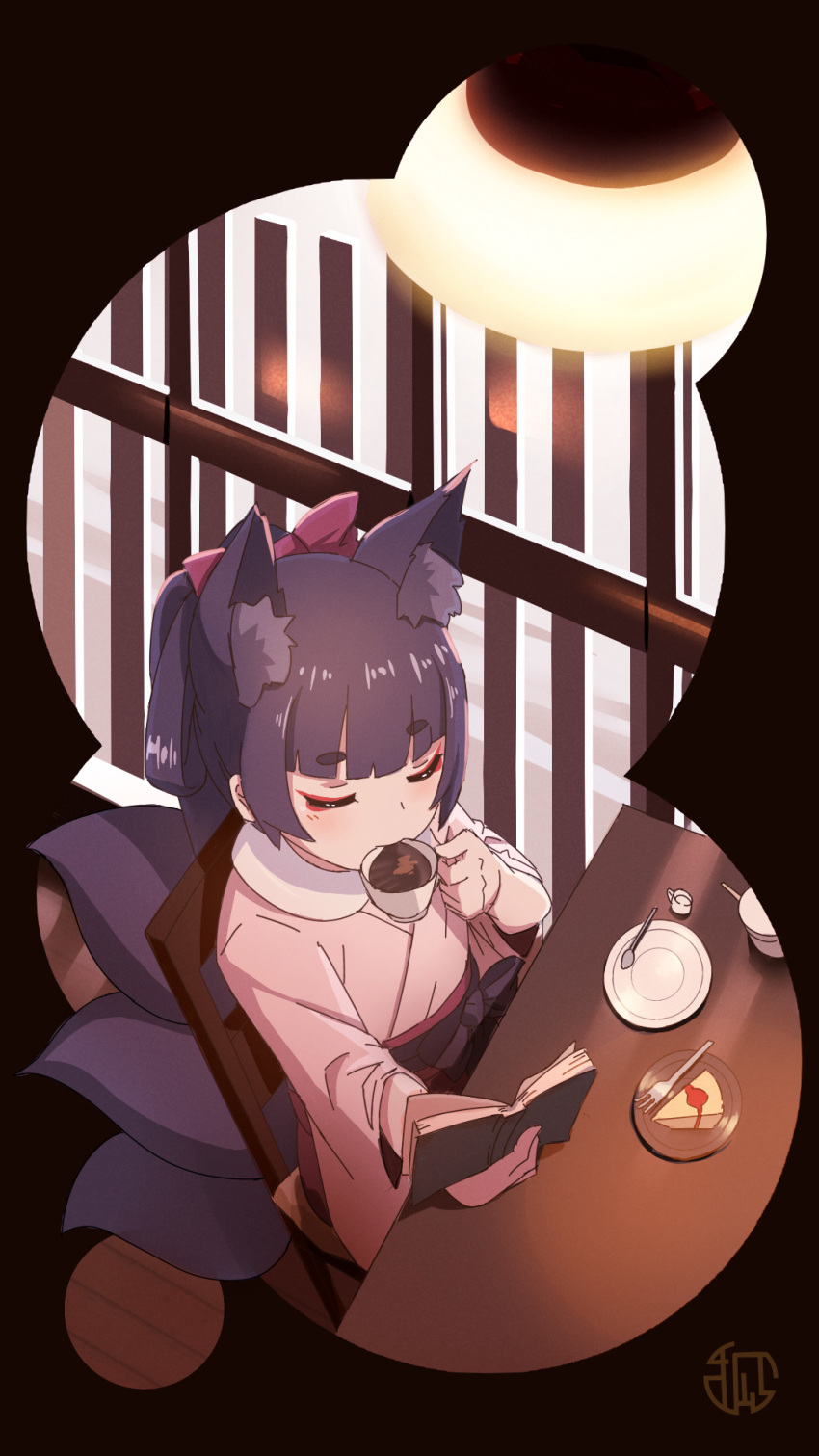 animal_ear_fluff animal_ears artist_logo black_background blunt_bangs book bow cafe cake cup drinking extra_ears eyeliner female food fork fox_ears fox_girl fox_tail hairbow highres indoors japanese_clothes kasumi_(kuro_kosyou) kimono kuro_kosyou makeup multiple_tails original ponytail purple_hair sitting solo spoon tail thick_eyebrows