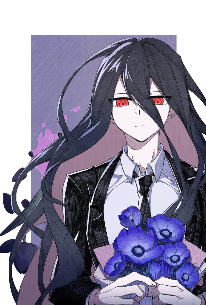 1boy anemone_(flower) black_flower black_hair black_necktie black_tulip blood blue_flower bouquet closed_mouth collared_shirt commentary_request danganronpa_(series) danganronpa_2:_goodbye_despair flower hair_between_eyes highres holding holding_bouquet holding_flower jacket kamukura_izuru long_hair long_sleeves looking_at_viewer male_focus necktie pink_blood red_eyes shirt simple_background solo tulip upper_body white_background white_shirt ziling