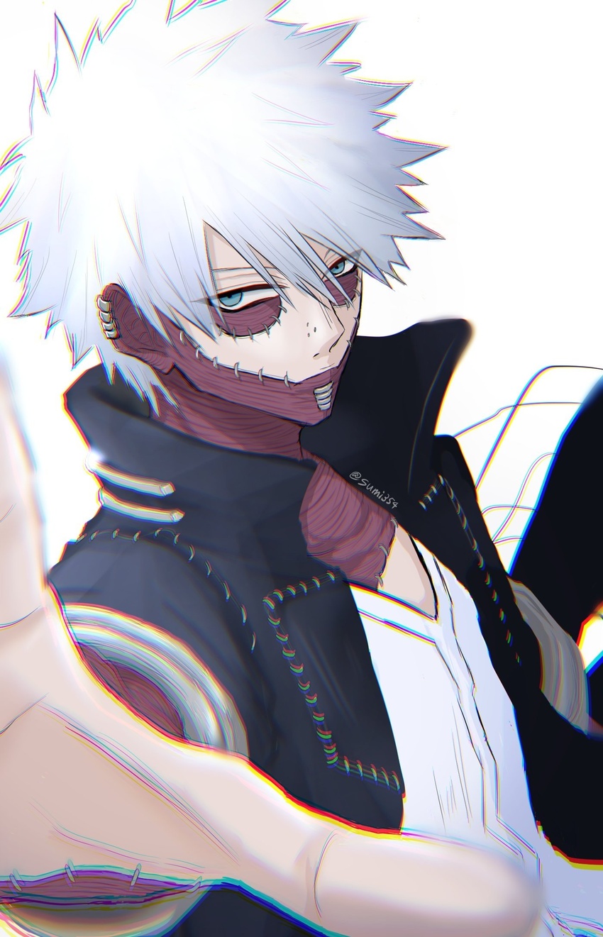 1boy black_jacket blue_eyes boku_no_hero_academia burn_scar commentary_request dabi_(boku_no_hero_academia) foreshortening grey_eyes grey_hair hand_up highres jacket looking_at_viewer male_focus open_clothes open_jacket piercing scar short_hair simple_background solo spiked_hair spoilers sumi_(sumi354) todoroki_touya twitter_username upper_body white_background white_hair