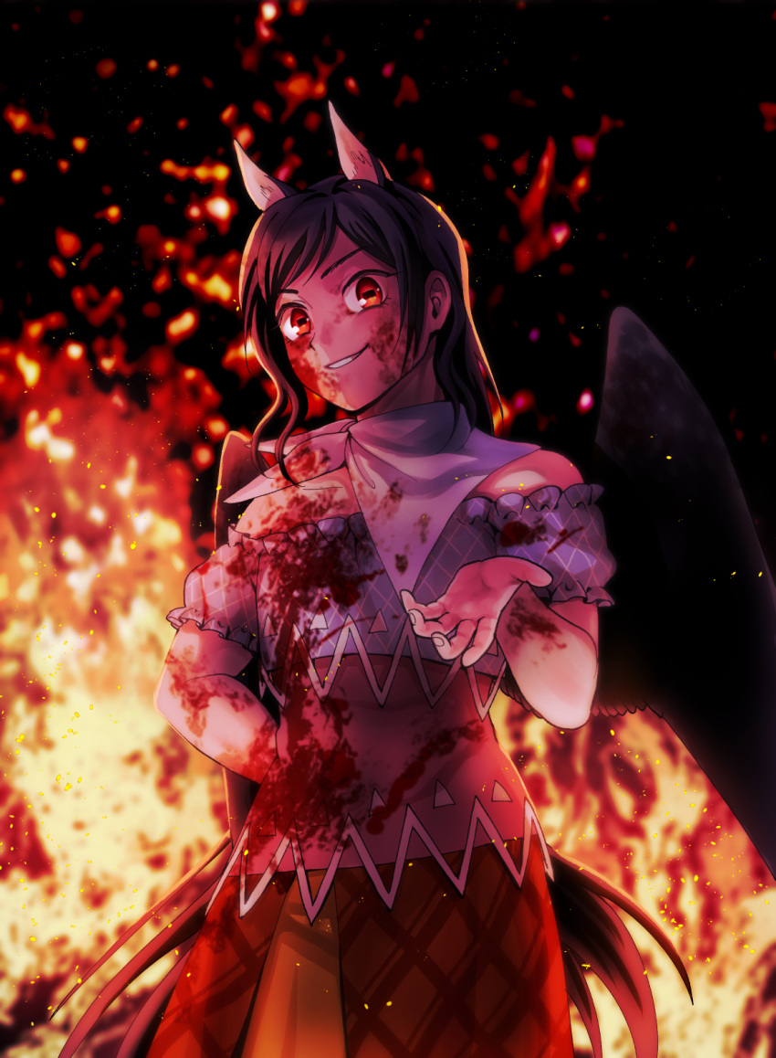 animal_ears arm_behind_back bandana black_background black_hair black_wings blood blood_on_clothes blood_on_face blood_splatter commentary_request cowboy_shot dress embers female fire flat_chest frilled_sleeves frills grey_bandana grin highres horizontal_pupils horse_ears houzuki_(hotondo) kurokoma_saki long_hair looking_at_viewer multicolored_clothes multicolored_dress no_headwear off-shoulder_dress off_shoulder orange_eyes rectangular_pupils short_bangs short_sleeves smile solo touhou very_long_hair wings