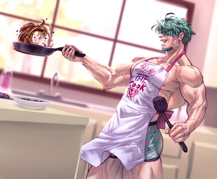 1boy apron aqua_hair aqua_male_underwear bara boxer_briefs carless_(ppanic) cooking covered_eyes facial_hair fire_emblem fire_emblem:_the_blazing_blade fire_emblem_cipher food frying_pan hair_over_eyes highres holding holding_frying_pan holding_spatula indoors large_pectorals lowen_(fire_emblem) male_focus male_underwear muscular muscular_male nipples pectorals pink_apron plate short_hair solo spatula underwear window