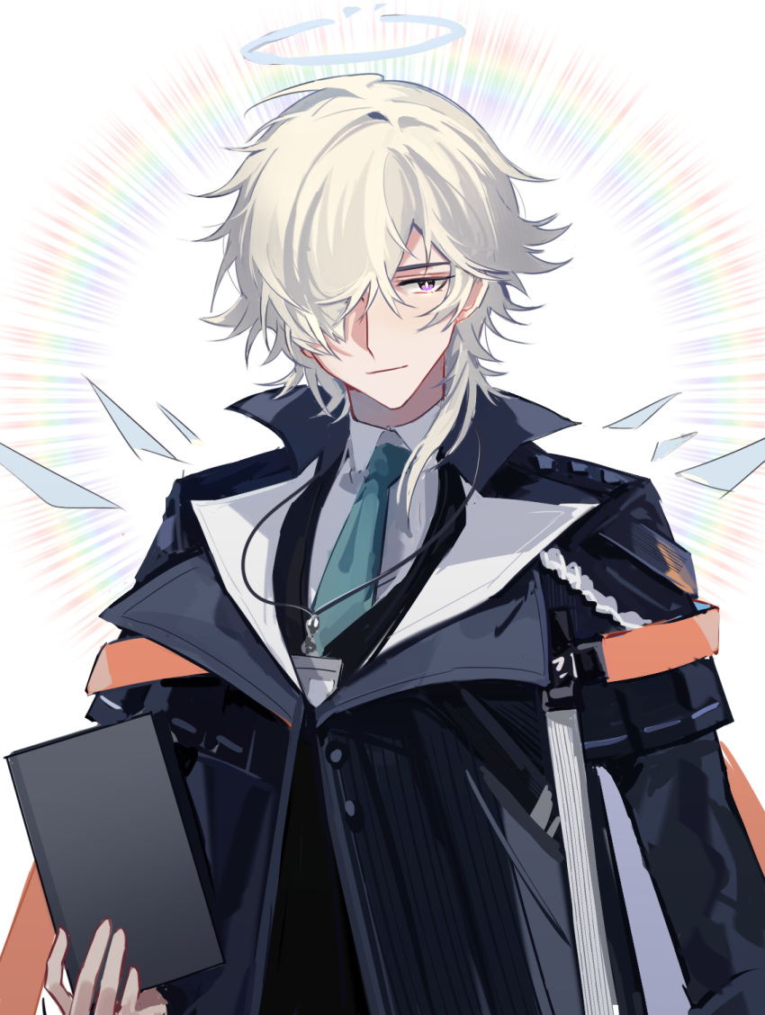 1boy arknights black_coat blue_necktie book closed_mouth coat collared_shirt detached_wings energy_wings enforcer_(arknights) grey_hair hair_over_one_eye halo highres holding holding_book jiang_bian_zhishu long_sleeves male_focus necktie pink_eyes shirt short_hair simple_background smile solo upper_body white_background white_shirt wings