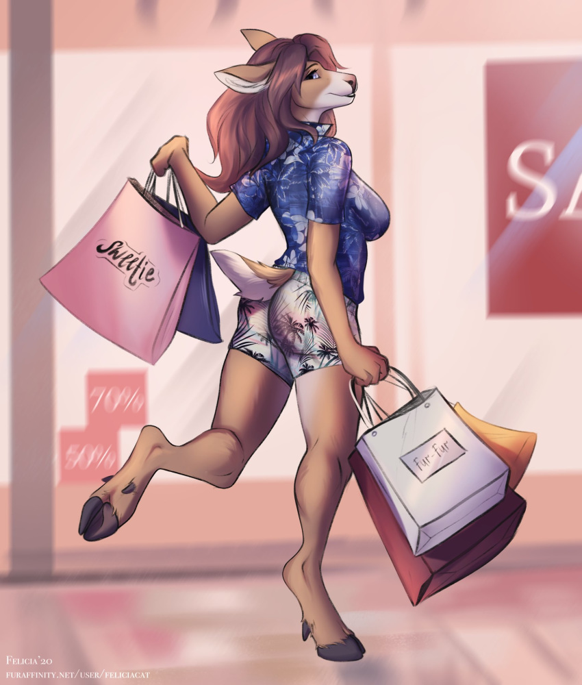 2020 4_toes 5_fingers anthro ass breasts brown_hair butt_pose clothed clothing deer detailed_background digital_media_(artwork) eyebrows eyelashes feet felicia_cat female fingers gray_meadows hair hi_res mammal pose purple_eyes smile solo toes