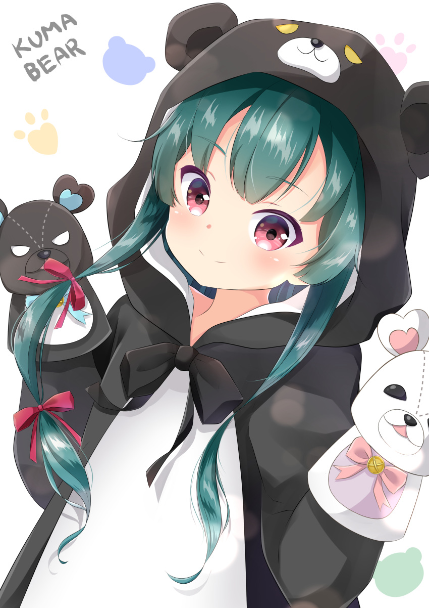 absurdres animal_costume animal_ears animal_hood bear_costume bear_ears bear_hood blush bow closed_mouth commentary_request english_text fake_animal_ears female green_hair hairbow hand_puppet hands_up highres hood hood_up inahori kuma_kuma_kuma_bear long_hair long_sleeves looking_at_viewer puppet red_bow red_eyes romaji_text simple_background smile solo upper_body very_long_hair white_background yuna_(kuma_kuma_kuma_bear)