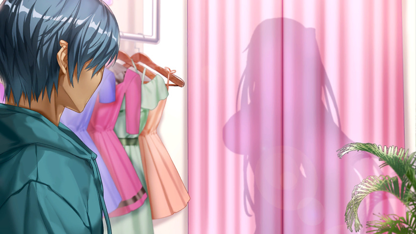 1boy action_taimanin akiyama_rinko aqua_hair breasts changing_clothes changing_room clothes_hanger dark_skin dress female fuuma_kotarou_(taimanin_series) game_cg highres hood hoodie huge_breasts long_hair looking_at_another non-web_source pink_curtains plant silhouette taimanin_(series)