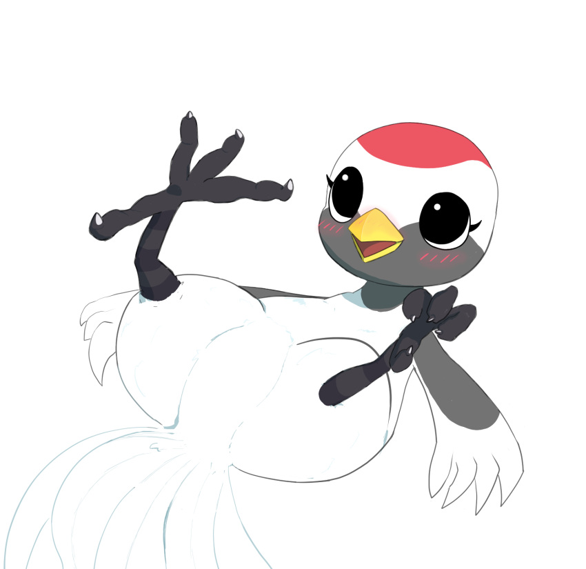 4_toes animal_crossing anisodactyl anthro avian avian_feet bird blush feathers featureless_crotch feet feet_up female gladys_(animal_crossing) hi_res lying nintendo ostrich ratite simple_background smile solo tail tail_feathers toes white_background x_kemo