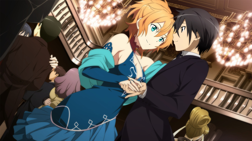 1boy aqua_eyes ballroom black_eyes black_hair blue_dress breasts brown_hair cleavage dancing dress elbow_gloves eye_contact female game_cg gloves highres indoors kirito looking_at_another medium_breasts non-web_source official_art philia_(sao) short_hair sideboob smile sword_art_online sword_art_online:_hollow_fragment